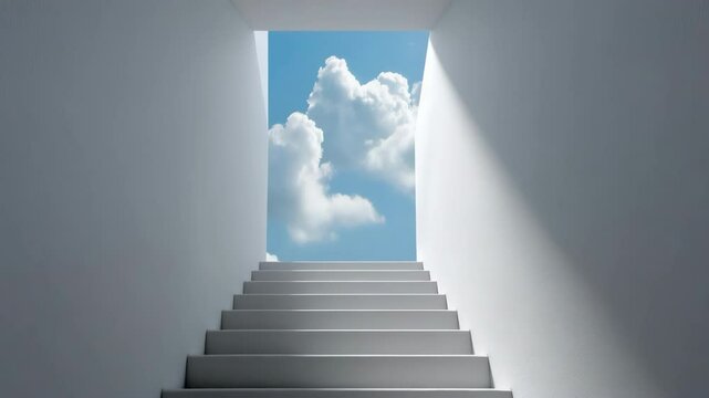 A staircase leading to a room with a blue sky and clouds. The staircase is made of gray stone and is very narrow