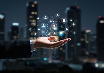 Businessman presenting a network of connected icons over a city background ai generated