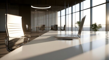 Modern office workspace with a laptop on a sleek desk, illuminated by natural light and shadows