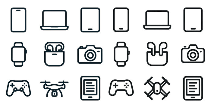 Electronic devices outline icons set – flat, linear, gadget and tech symbols