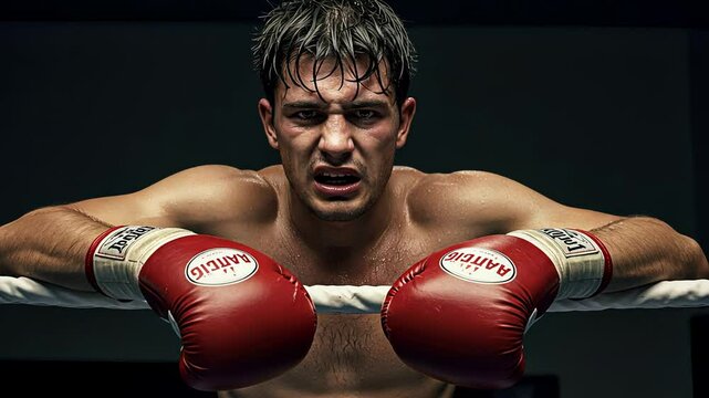 Male boxer with red gloves standing in stadium ring. Professional fight sport concept. Aggression, power, and determination. Championship footage.