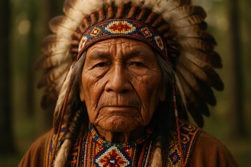 Elderly indigenous man in traditional headdress and regalia in forest setting