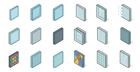 Windows and glass isometric icons set – pane, window, transparent design symbols