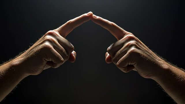 Two man hands point finger upward at dark background. Concept of choice, decision, direction or selection with male hands in shot, footage.