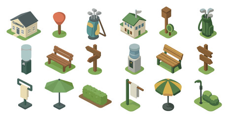 Outdoor recreation isometric icons set – leisure, park, and nature symbols
