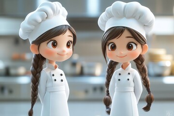Two animated chefs in a modern kitchen preparing for a cooking competition