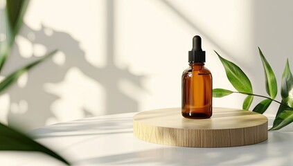 Amber glass dropper bottle on a wooden platform, bathed in natural light