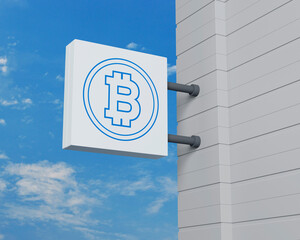 Bitcoin icon on hanging white square signboard over blue sky, Choosing bitcoin concept, 3D rendering