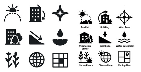 Urban planning solid icons set – building, climate, site design symbols