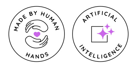 Vector linear badges with opposite creation methods, generated by artificial intelligence and handcrafted by human, stamps, logos and design elements for AI-generated and human-made content
