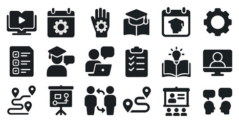 Education and learning solid icons set – filled, flat, academic and training symbols
