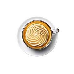 A delicious breakfast icon featuring a cup of coffee with a chocolate swirl and a croissant