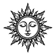 Vintage stipple engraving sun frame illustration isolated on transparent background