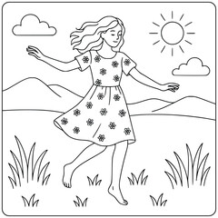 Girl Dancing Freely in a Sunny Field – Coloring Page
