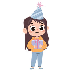 Flat vector illustration in a simple children's style. Cute little girl birthday girl holding gift box on white background. Vector illustration