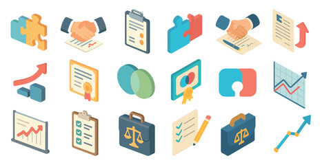 Business and finance isometric icons set – 3d, flat, corporate and bookkeeping symbols