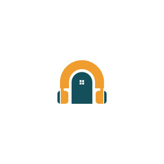 Obraz premium Headphones Inside a Tiny House Short, Catchy Logo Idea for a Home Podcast Pad, Music Den, or Small Sound Lab