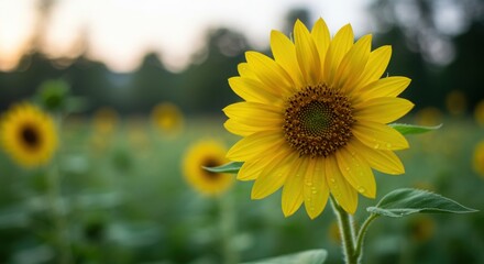 Fototapeta premium Vibrant sunflower in focus, with water droplets, set against a soft, blurry field at dusk.