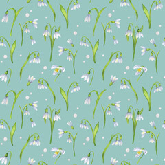 Seamless pattern with white watercolor snowdrops wildflowers and white pearls on light turquoise background. Hand-drawn illustration for textile, clothing, wrapping paper, fabric design