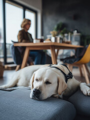impaired person sitting at a table with a guide dog lying close