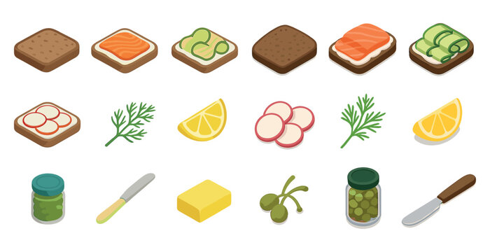 Food and kitchen elements isometric icons set – ingredients, cooking, culinary items