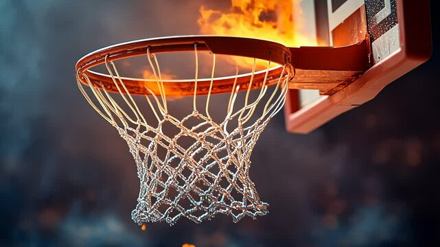 Burning basketball hoop with net on fire close up. Sport competition and championship passion concept. Dynamic atmosphere footage.