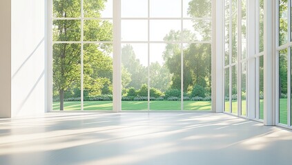 Spacious, bright room with large windows overlooking a lush garden