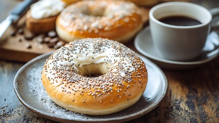 Montreal style bagels on a plate with cream cheese and coffee