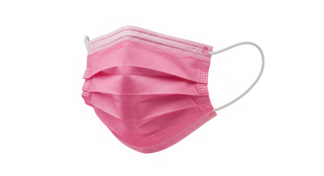 A vibrant pink protective face mask floats against a dark backdrop, emphasizing safety and health.