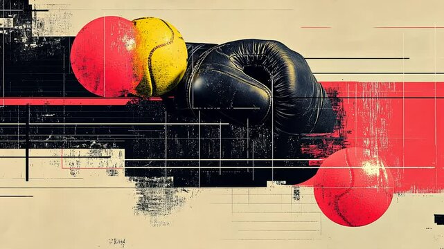 Black boxing glove with yellow ball on abstract background. Combat sport, challenge, strength concept, powerful struggle footage.