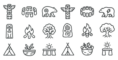 Fototapeta premium Native american line icons set – cultural, tribal, indigenous symbols collection