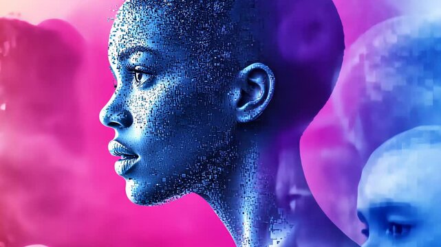 Multiple digital women profile faces merging and transforming on screen. Artificial intelligence, virtual reality, metaverse concept footage.