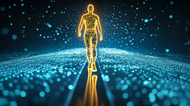 Glowing man walking through digital data stream. Artificial intelligence or virtual human concept for technology and blockchain. Futuristic animation.
