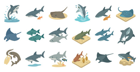 Fototapeta premium Marine life flat icons set – ocean, aquatic, sea animal graphics collection