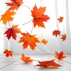 Fototapeta premium Floating 3D maple leaves captured mid-air on a seamless white backdrop for autumn and seasonal visuals 