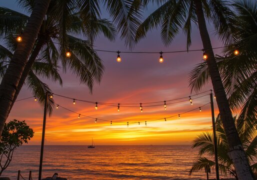 A beautiful sunset over a tropical beach with palm trees and string lights