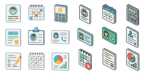 Business and office isometric icons set &ndash; calendar, profile, document symbols