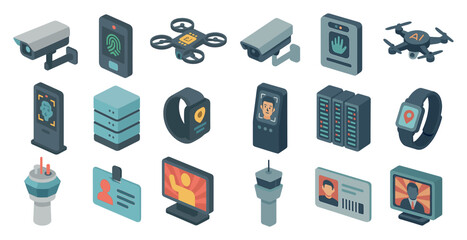 Security and surveillance isometric icons set &ndash; monitoring, technology, protection symbols