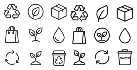 Eco-friendly outline icons set – linear, sustainable, recycling and green symbols