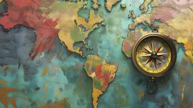 Artistic world map with compass showing direction for travel and exploration. - Powered by Adobe