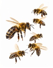 Bee close view over white background, no shadow