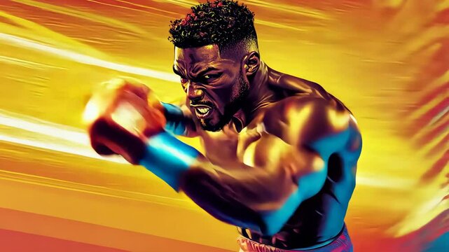 Dynamic illustration of an african american male boxer performing a powerful punch. Martial art concept and combat sport. Digital artwork footage.