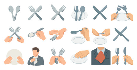 Fototapeta premium Dining etiquette flat icons set – table manners, utensils, hand gestures