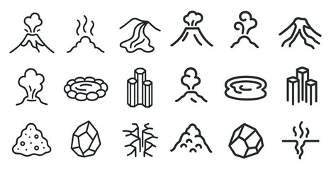 Volcano eruption outline icons set – linear, seismic, lava flow symbols