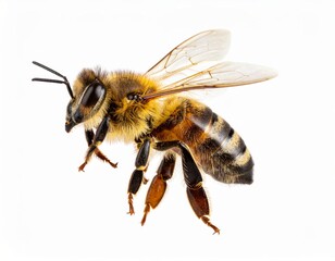 Bee close view over white background, no shadow