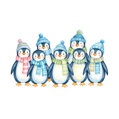 Fototapeta premium Cute cartoon penguins play happily with a snowman in the white, cold winter snow, perfect for a funny Christmas holiday illustration