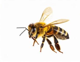 Bee close view over white background, no shadow