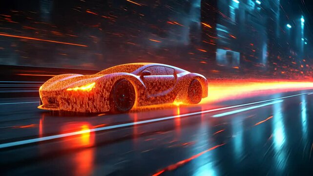 Sci-fi sport car racing on futuristic digital highway. Artificial intelligence concept. Digital technology, fast speed future car footage.