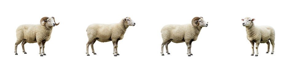 Ram in the Row: A row of majestic rams, showcasing their impressive horns and woolly coats, standing in a studio setting. capturing the stoic elegance of rural life. 
