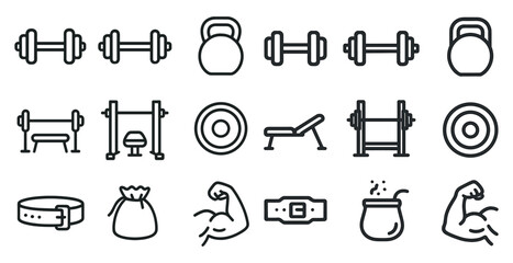 Fitness and gym equipment icons set – outline, linear, workout and training symbols